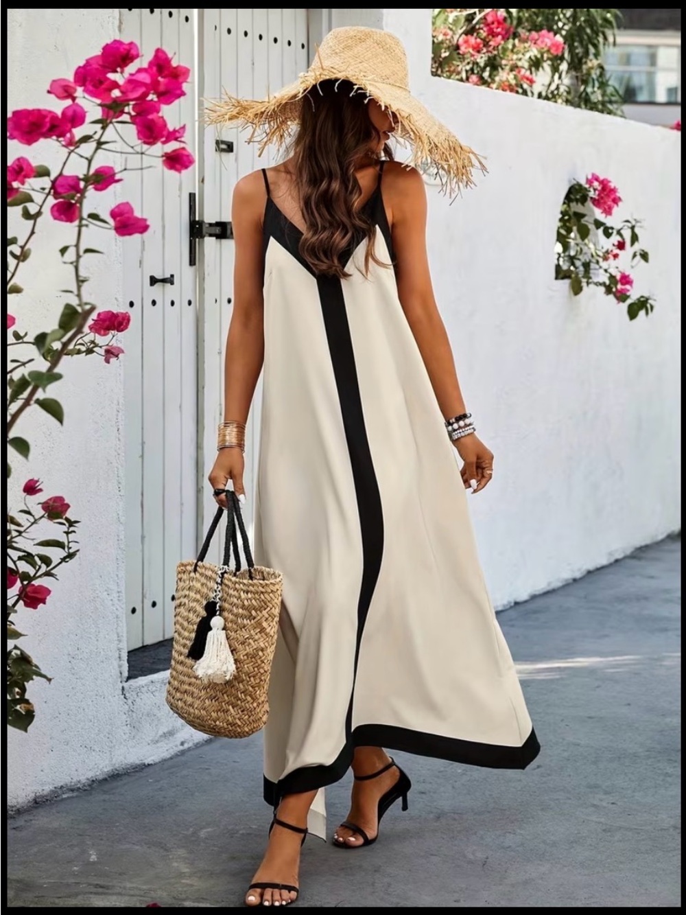 Women’s Cream Maxi Dress with Black Trim - Elegant Summer Slip Dress
